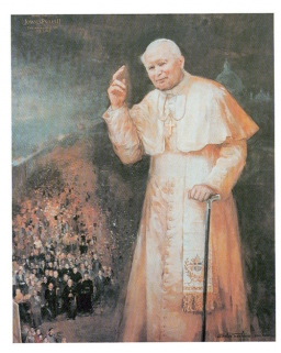 Jan Paweł II w geście błogosławieństwa,<br>
kolorowa odbitka grafiki, Natalia Tsarkova, Rzym, 2001 