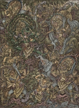 I Wayan GENDRA (Batuan, ur. 1969), Garuda wykradający Amritę, eliksir życia, „Adiparwa”, przed 2001. Pióro w tonie czarnym, tempera na papierze. POCHODZENIE: Od wdowy po Wayanie Rajinie, Batuan, Bali.