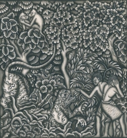 Ida Bagus BUDA (czynny w Batuan, ok. 1939-1948), Historia Dżapatuana: atak tygrysa w lesie, 1935-1939. Pióro, pędzel, tusz, lawowanie w tonie czarnym i szarym na papierze.