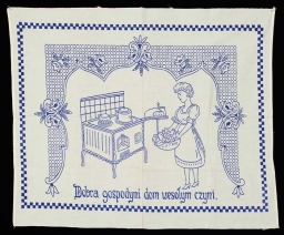 Makatka drukowana z napisem: „Dobra gospodyni dom wesołym czyni”, l. 40./50. XX